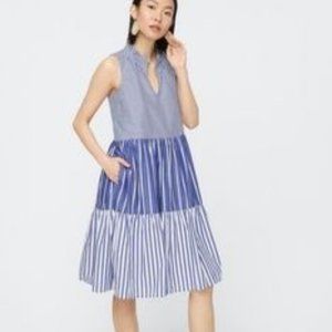 J. Crew Mixed Stripe Tiered Popover Dress Blue & White XS